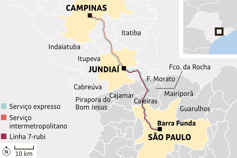Mapa da região metropolitana de São Paulo, marca com destaque as cidades de São Paulo, Jundiaí e Campinas, com provável rota do trem que ligará essas cidades, aproveitando parte da estrutura da linha 7-rubi da CPTM