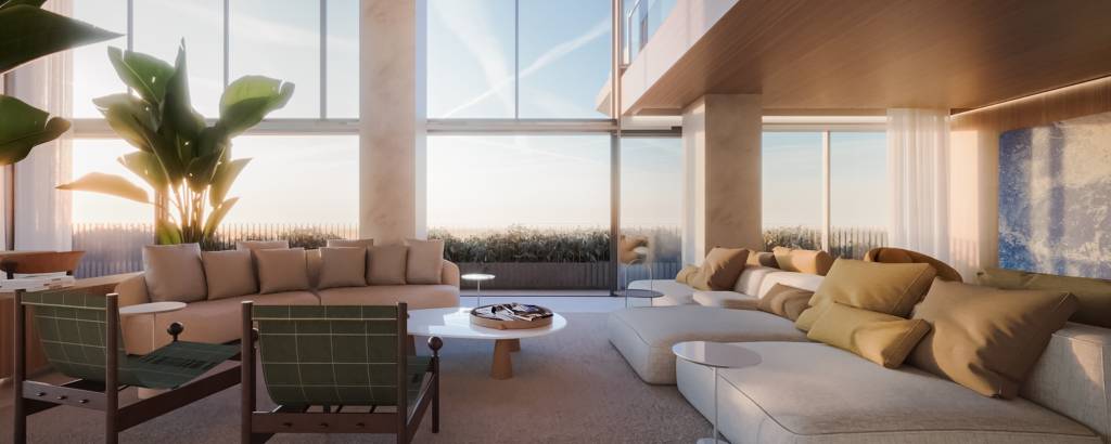 A imagem mostra um espaçoso e moderno living room com janelas do chão ao teto, oferecendo uma vista panorâmica e inundando o espaço com luz natural. A decoração é minimalista, com um esquema de cores neutras, móveis contemporâneos e toques de vegetação.