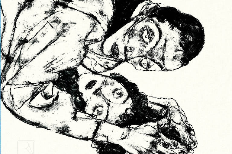 desenho em preto e branco de homem deitado em cima de mulher