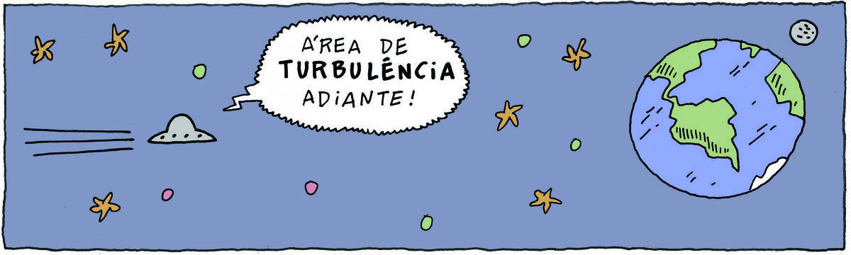 A tirinha BICUDINHO, publicada em 31/05/2024, traz um disco voador se aproximando do planeta Terra. Uma voz dentro do disco voador diz: Área de turbulência adiante.