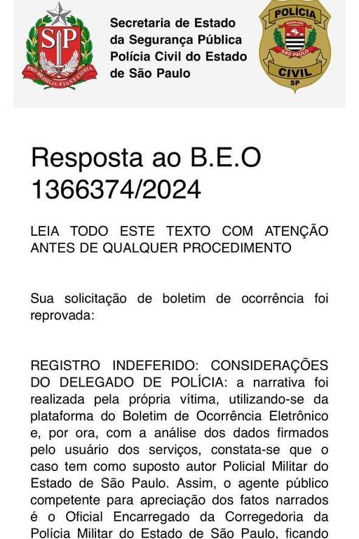 Resposta da Polícia Civil à USP dizendo que não vai investigar a denúncia de agressão a estudantes registrada pela instituição contra a PM de São Paulo