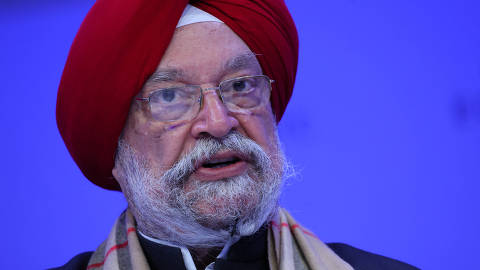 Minister of Petroleum and Natural Gas of India Hardeep Singh Puri speaks during the 54th annual meeting of the World Economic Forum in Davos, Switzerland, January 16, 2024. REUTERS/Denis Balibouse ORG XMIT: LIVE