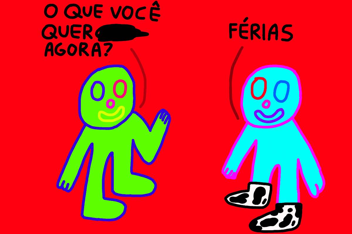 A imagem apresenta dois bonecos estilizados sobre um fundo vermelho vibrante. O boneco à esquerda, em verde, é acompanhado pela pergunta "O QUE VOCÊ QUER AGORA?" em letras pretas acima de sua cabeça, enquanto o boneco à direita, em azul, exibe um sorriso e está associado à palavra "FÉRIAS" acima dele, sugerindo um anseio por descanso e lazer.