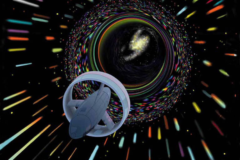 Ilustração da Nasa de 1998 mostrando uma nave hipotética viajando em dobra espacial