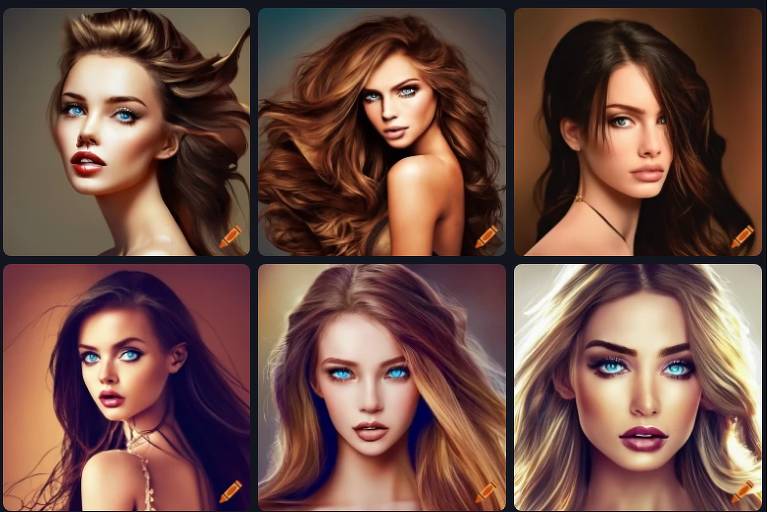 A imagem apresenta uma colagem de seis retratos de mulheres feitos por inteligência artificial com diferentes expressões e estilos de cabelo. Todas são brancas, magras e de olhos claros; os cabelos variam do loiro ao castanho escuro, passando pelo ruivo