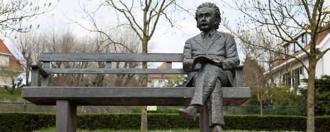 A statue by Belgian artist Johnny Werbrouck depicting late German scientist Albert Einstein is seen on
April 20, 2023, in De Haan, near the villa 