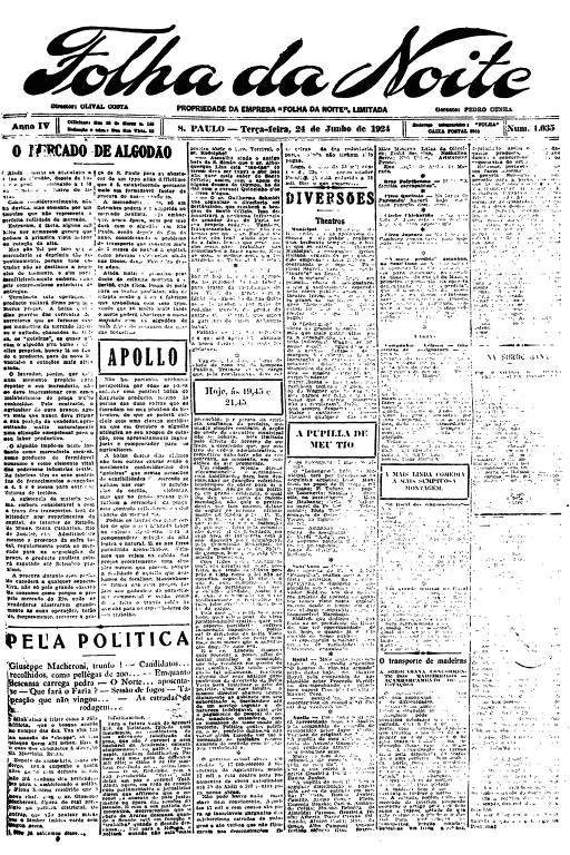 Primeira Página da Folha da Noite de 24 de junho de 1924