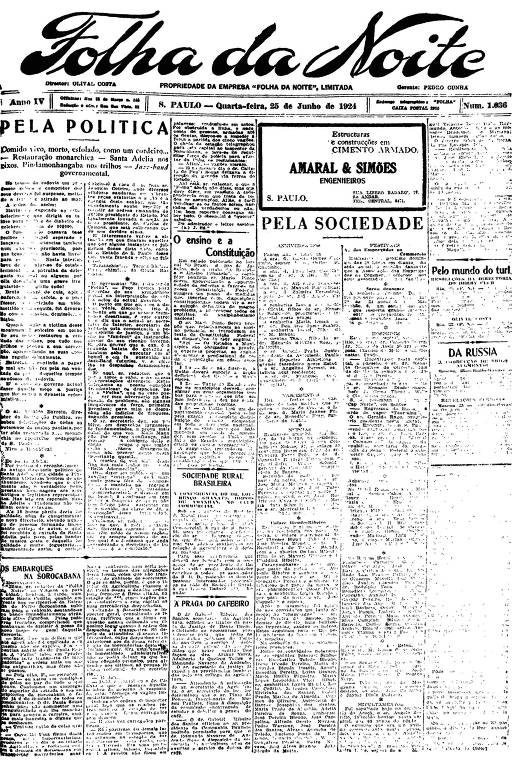 Primeira Página da Folha da Noite de 25 de junho de 1924