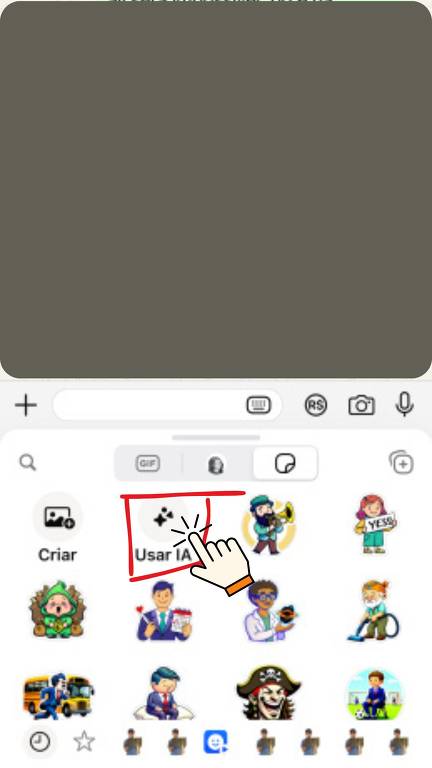 A imagem mostra uma tela de smartphone com uma interface de seleção de figurinhas, onde uma mão desenhada aponta para uma opção destacada com o texto "Usar IA". Abaixo, há uma variedade de figurinhas coloridas representando diferentes personagens e ícones.