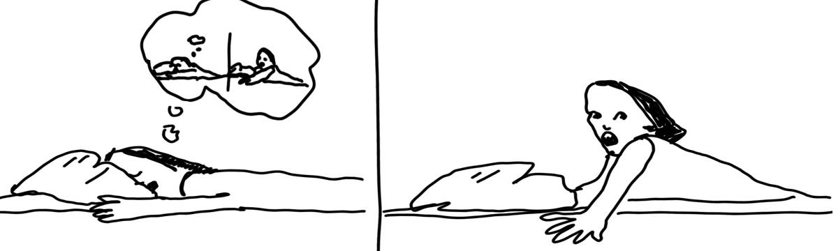 A tirinha em preto e branco de Estela May, publicada em 04/06/24, traz, no primeiro quadro, uma moça dormindo. No sonho dela, o quadrinho dela dormindo e acordando. No segundo quadro, ela acordando.