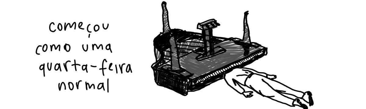 A tirinha em preto e branco de Estela May, publicada em 05/06/24, traz um desenho de um homem com um piano caído em cima dele. À esquerda da imagem, “começou como uma quarta-feira normal”