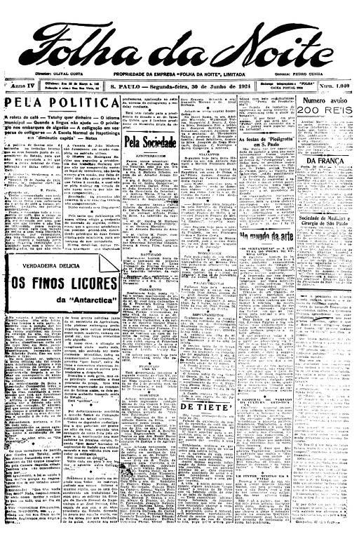 Primeira Página da Folha da Noite de 30 de junho de 1924