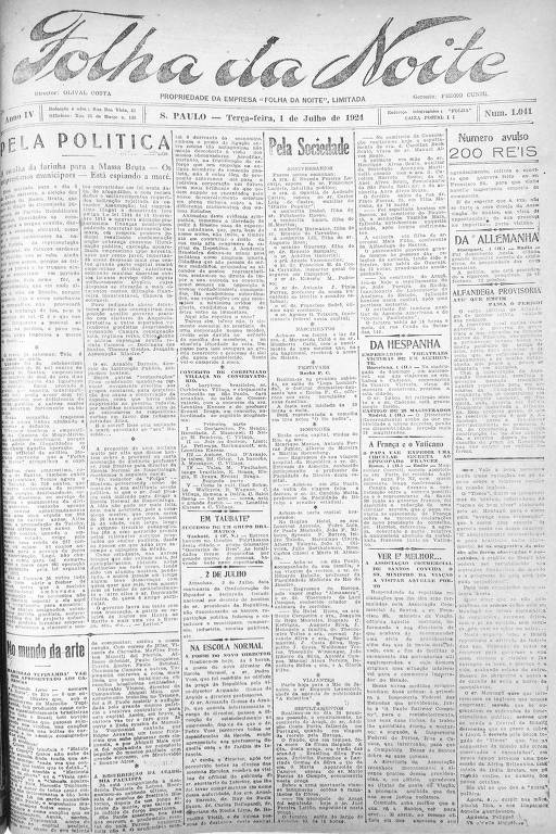 Primeira Página da Folha da Noite de 1º de julho de 1924