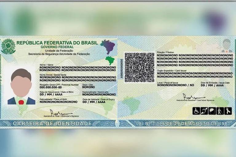 A imagem mostra um exemplo de uma Carteira de Identidade do Brasil, com informações fictícias e elementos de segurança como hologramas, código QR e símbolos nacionais. A foto e os dados pessoais foram substituídos por repetições da palavra "NONONONO" para preservar a privacidade e ilustrar o layout do documento.