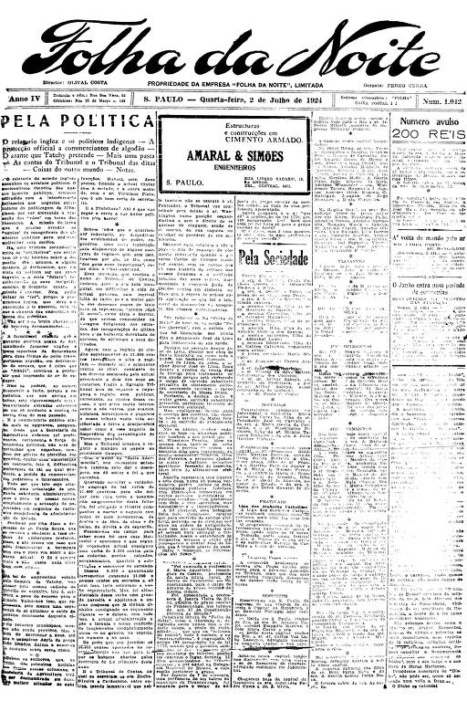 Primeira Página da Folha da Noite de 2 de julho de 1924