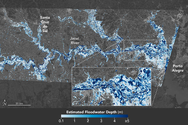 A imagem mostra um mapa de satélite detalhando a profundidade estimada das águas de inundação em uma região. As áreas afetadas são destacadas em tons de azul, com variações de intensidade indicando a profundidade da água, que vai de 0,1 a mais de 5 metros. Duas áreas ampliadas mostram detalhes das inundações próximas a centros urbanos, com a localização de cidades e rios claramente marcados.