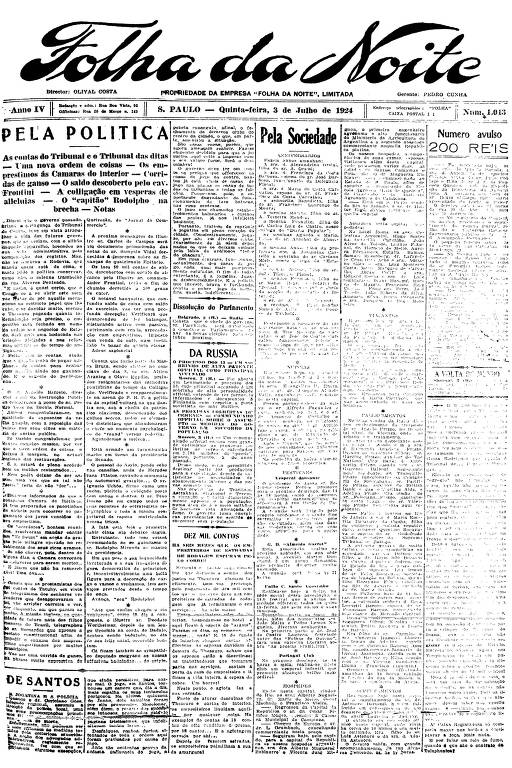Primeira Página da Folha da Noite de 3 de julho de 1924