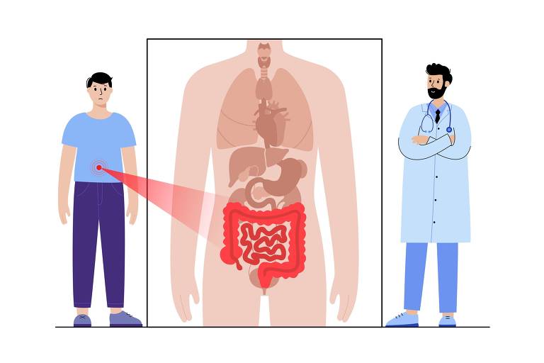 A imagem ilustra um paciente e um médico, com o paciente apontando para uma área destacada de seu sistema digestivo em uma ilustração transparente do corpo humano, enquanto o médico observa atentamente, sugerindo uma discussão sobre um problema gastrointestinal