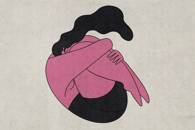 Ilustração de mulher encolhida agarrando os joelhos com os cabelos ao vento
