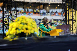 FILE PHOTO: President of the ANC Cyril Ramaphosa attends a rally ahead of the upcoming election at FNB stadium in Johannesburg