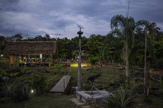 A Starlink antenna in Manakeiaway, a village of the Marubo indigenous people, who have had high-speed internet access since September, in BrazilÄôs Acre state on April 7, 2024. (Victor Moriyama/The New York Times)