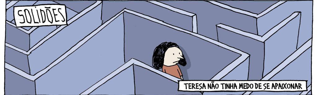 A tira de André Dahmer, publicada em 08.06.2024, tem apenas um quadro. Nele, há uma mulher dentro de um labirinto. Há duas legendas no quadro: "Solidões", como um título, e uma segunda legenda, que diz: "Teresa não tinha medo de se apaixonar".