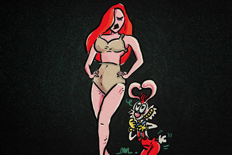 No cartum de Marcelo Martinez: Jessica Rabbit, sensual personagem do clássico de animação "Uma cilada para Roger Rabbit", veste, ao contrário de seu figurino sexy, calcinha e sutiã grandes e na cor bege. O coelho Roger, seu marido, olha para ela com cara de apaixonado