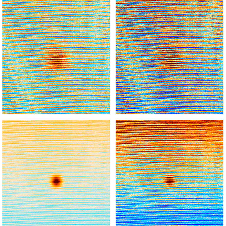 Quatro imagens mostram padrões de interferência coloridos, cada um com um fundo de cor diferente e linhas onduladas que se cruzam, criando um efeito de moiré ao redor de um ponto central que parece distorcer o espaço ao seu redor.