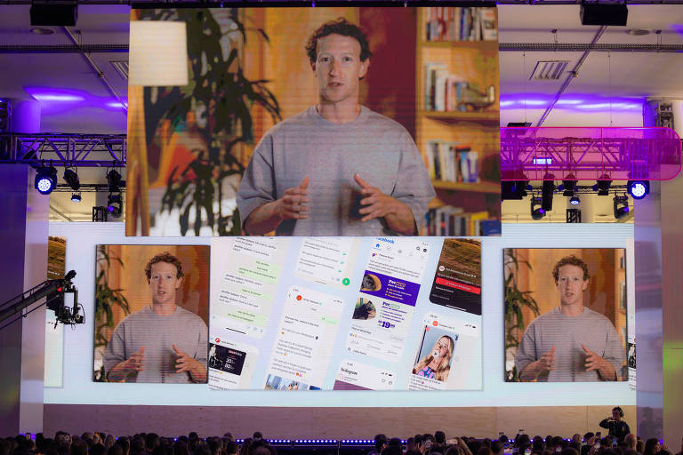 O CEO da Meta, Mark Zuckerberg, aparece em vídeo durante evento da empresa em São Paulo