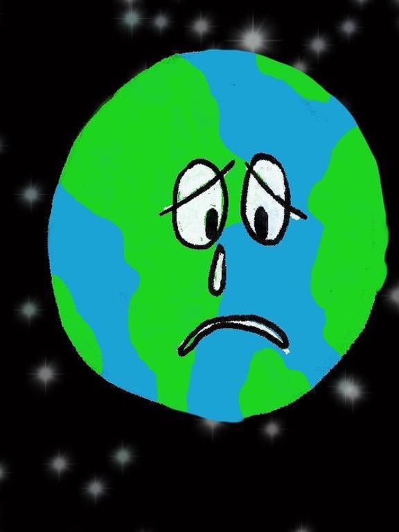 Uma ilustração estilizada e expressiva mostra a Terra com um rosto triste, derramando uma lágrima, contra um fundo preto pontilhado com estrelas brilhantes, sugerindo preocupação ou tristeza sobre questões ambientais ou globais.