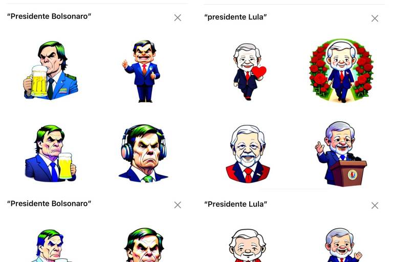 Figurinhas do WhatsApp geradas por inteligência artificial de Bolsonaro e Lula