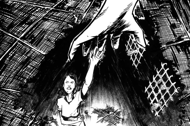 ilustração em preto e branco de mulher dentro de um burado esticando o braço para uma mão que oferece ajuda