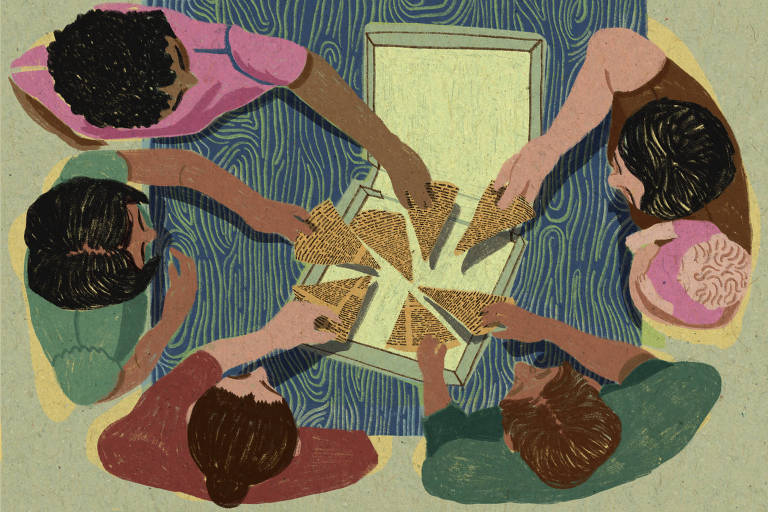 arte ilustra um grupo de pessoas reunidos em torno de uma mesa sobre a qual está uma caixa de pizza; cada um pega um pedaço; os pedaços estão ilustrados com um texto escrito não legível