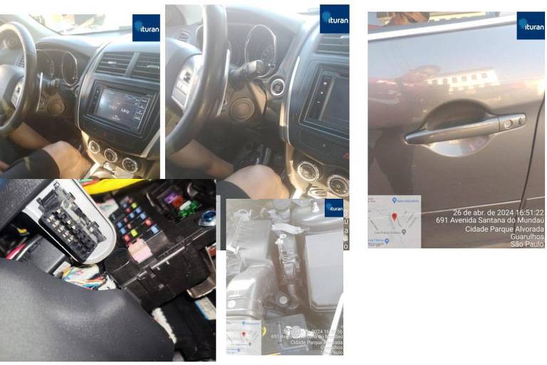 A imagem mostra uma colagem de quatro fotos destacando diferentes aspectos de um carro. No canto superior esquerdo, há uma visão do interior do veículo mostrando o volante e o painel. Abaixo, uma imagem foca em uma coleção de cartões de crédito e dinheiro. No canto superior direito, a atenção é voltada para o design do retrovisor externo. Por fim, no canto inferior direito, uma imagem de um smartphone com um aplicativo de navegação aberto.