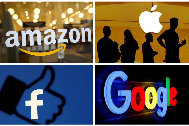 Imagem dividida em quatro mostra logotipos da Amazon, Apple (uma maçã), Facebook (um 'f'com um emoji de curtida) e Google