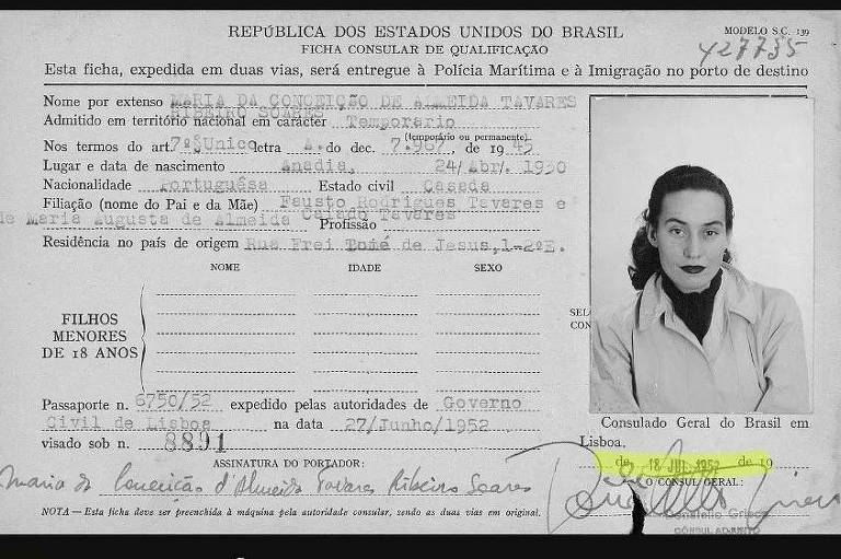 Ficha consular de Maria da Conceição Tavares, de 1952