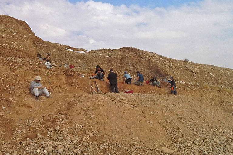 Um grupo de arqueólogos trabalha meticulosamente em um sítio de escavação sob um céu parcialmente nublado, cercado por uma paisagem árida e montanhosa. Eles estão espalhados pela área, alguns ajoelhados e outros em pé, focados