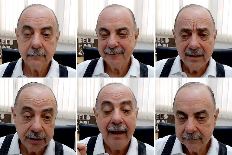 Seis pequenas imagens mostram um homem mais velho com bigode exibindo uma variedade de expressões faciais, desde sério até sorridente.
