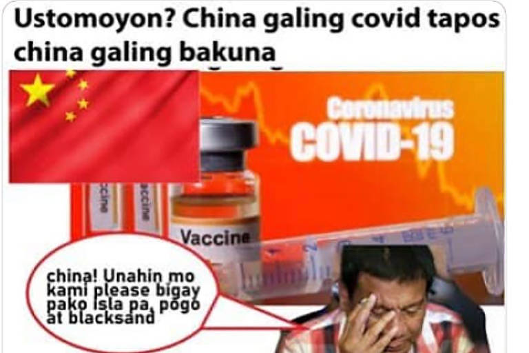 A imagem mostra um tweet com um meme que combina humor e crítica, relacionado à origem do COVID-19 e à produção de vacinas. O meme inclui uma bandeira da China, uma imagem estilizada do coronavírus, uma seringa e um homem com uma expressão preocupada, acompanhado de texto que sugere ironia sobre a China fornecer tanto o vírus quanto a vacina.