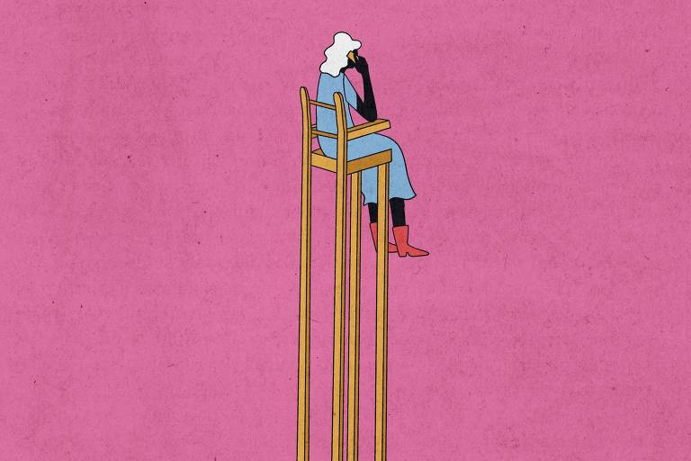 Em um fundo rosa, ilustração de mulher sentada falando ao telefone numa cadeira tão alta que não podemos ver o chão