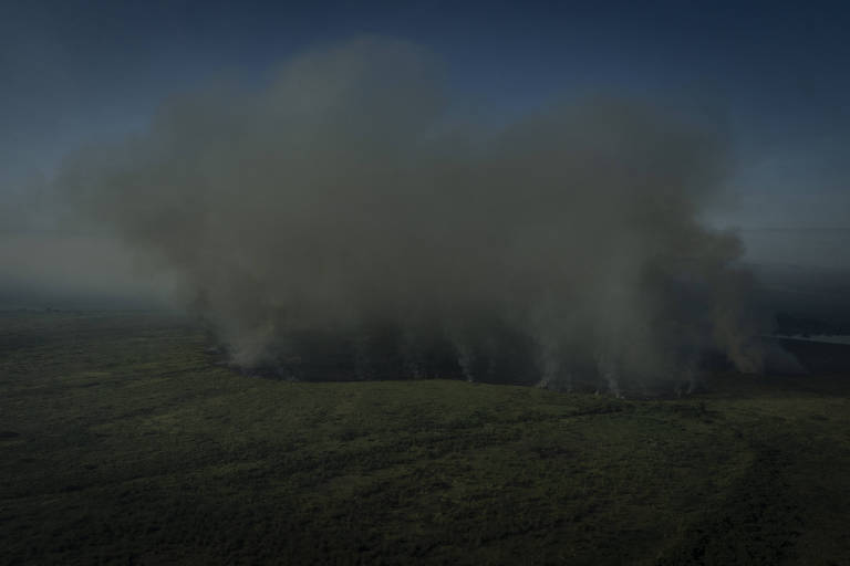 foto aérea mostra colunas de fumaça projetadas para o céu em foco de incêndio. em primeiro plano, áreas verdes ainda não queimadas, e céu azul atrás