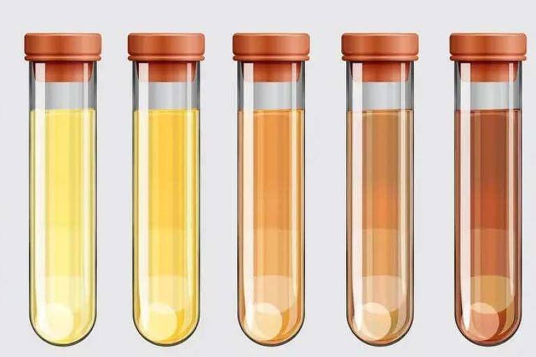 Cinco tubos de ensaio alinhados horizontalmente, cada um contendo um líquido de cor diferente, variando do amarelo claro ao marrom, sugerindo uma série de testes ou experimentos químicos.
