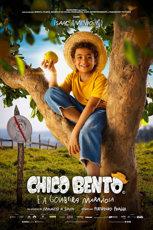 Um menino sorridente com cabelos cacheados, vestindo uma camiseta amarela e um chapéu de palha, está sentado em um galho de uma árvore. O pôster anuncia o filme "Chico Bento e a Goiabeira Maravilhosa", inspirado no universo de Mauricio de Sousa e dirigido por Fernando Fraiha