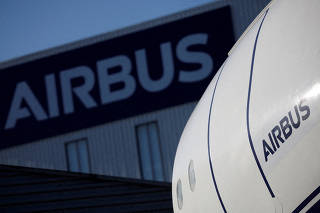 FILE PHOTO: Airbus logo at the Airbus facility in Saint-Nazaire