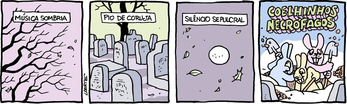 Tira de Laerte, em 4 quadrinhos: 1) Galhos nus de árvore, contra um céu escuro e pesado. Uma legenda, como num vídeo: “MÚSICA SOMBRIA”. 2) Um cenário de cemitério, com lápides espalhadas. Outra legenda: “PIO DE CORUJA”. 3) Lua cheia contra o céu, folhas voando ao vento. Outra legenda: “SILÊNCIO SEPULCRAL”. 4) Entre duas lápides, 3 coelhinhos coloridos cavam animadamente, com pás, abrindo um grande buraco no chão. Um título como os de um filme apresenta: “COELHINHOS NECRÓFAGOS”.