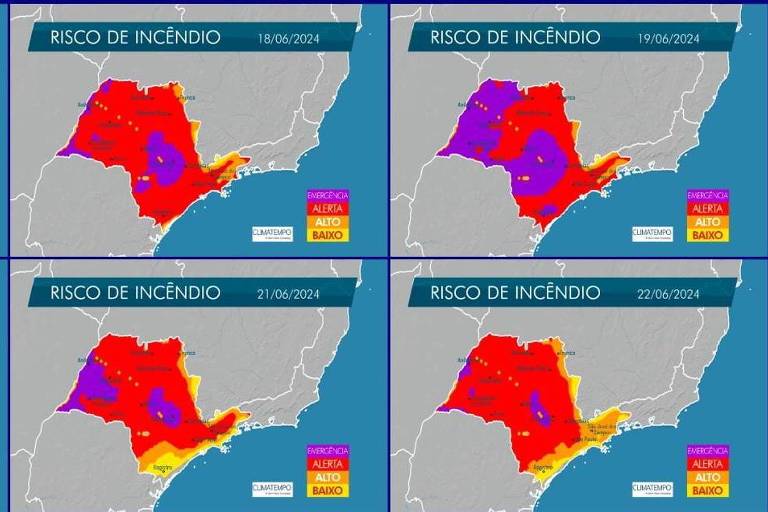 A imagem mostra seis mapas de uma mesma região em dias consecutivos, indicando o risco de incêndio de 17 a 22 de junho de 2024. Cada mapa é colorido de acordo com o nível de risco, variando de baixo (amarelo) a emergência (roxo), e inclui a legenda correspondente. Os mapas são marcados com o logotipo do Climatempo e da Defesa Civil de São Paulo, indicando que são fontes oficiais de monitoramento de riscos ambientais