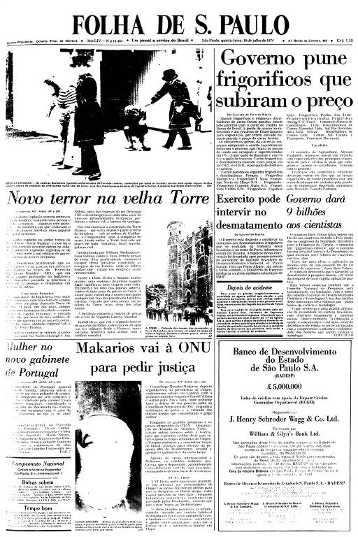 Primeira Página da Folha de 18 de julho de 1974