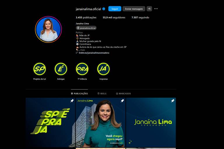 Captura de tela no modo desktop de um perfil no Instagram. Janaína aparece na foto de perfil sorrindo, de camisa branca sobre um fundo azul. A conta dem 55,9 mil seguidores