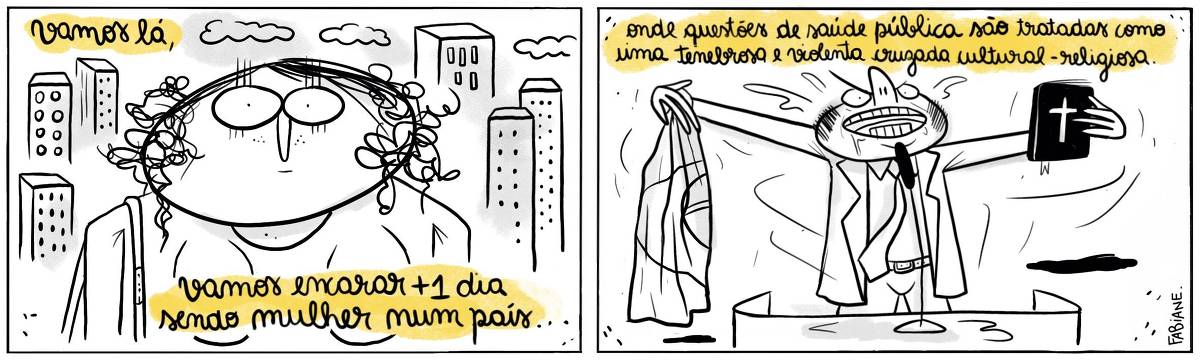 A tira Viver Dói, de Fabiane Langona, publicada em 20/06/2024 é composta por dois quadros. No primeiro, vemos uma moça com expressão séria e compassiva. Ela tem uma franjinha lisa e cabelos ondulados. Em seu ombro, a alça de uma bolsa a tiracolo. Ao fundo, prédios e nuvens. No quadro seguinte, vemos um homem calvo de terno e gravata num púlpito. Ele tem expressão raivosa emanando suor e baba. O homem empunha uma bandeira do Brasil em uma mão, e na outra, uma bíblia.  No quadrinho 1, uma legenda narrativa fazendo as vezes da fala da moça, diz: "Vamos lá, vamos encarar mais um dia sendo mulher num país...".  No quadrinho 2, a legenda narrativa com a fala da moça continua, dizendo: "Onde questões de saúde pública são tratadas como uma tenebrosa e violenta cruzada cultural-religiosa. 