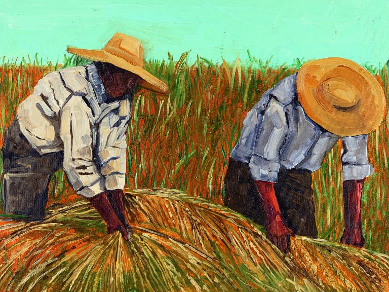 A imagem retrata dois trabalhadores rurais, imersos na tarefa de colher ou manejar feixes de palha ou grãos. Eles estão vestidos com roupas simples e chapéus de palha, sugerindo proteção contra o sol. A pintura, rica em texturas e cores vibrantes, captura a essência do trabalho árduo no campo, com um fundo que sugere plantações altas e um céu claro. Palavras-chave: trabalhadores rurais, colheita, chapéus de palha, pintura, campo, agricultura, trabalho manual, textura, cores vibrantes, céu claro, plantações, arte, esforço físico, natureza, cultura rural.